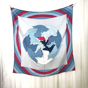 Gres Paris Foulard 100% silk square scarf bird aviary motif blue red vintage